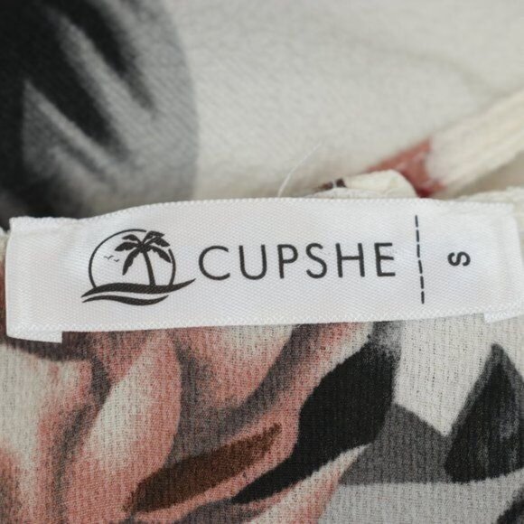 Cupshe Long Beach Women's Small Cream & Red Floral Ruffled Crepe Midi Wrap Dress - Picture 6 of 8